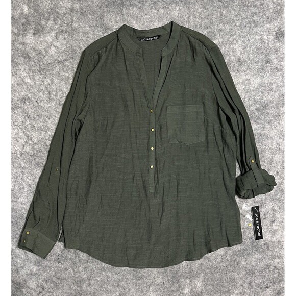 Zac & Rachel Tunic Blouse Women’s Large Top Green Roll Tab Lightweight NWT - Picture 1 of 15